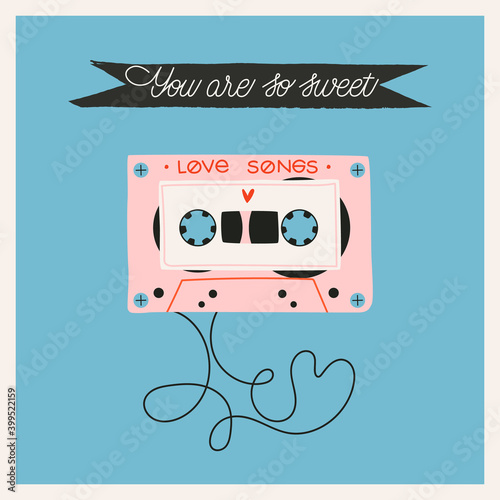 Love tape Valentine's day greeting card, poster. Trendy hand-drawn vector card design for web and print. Vintage 90's music tape and a black ribbon with a love message. Valentine's day, love concept.