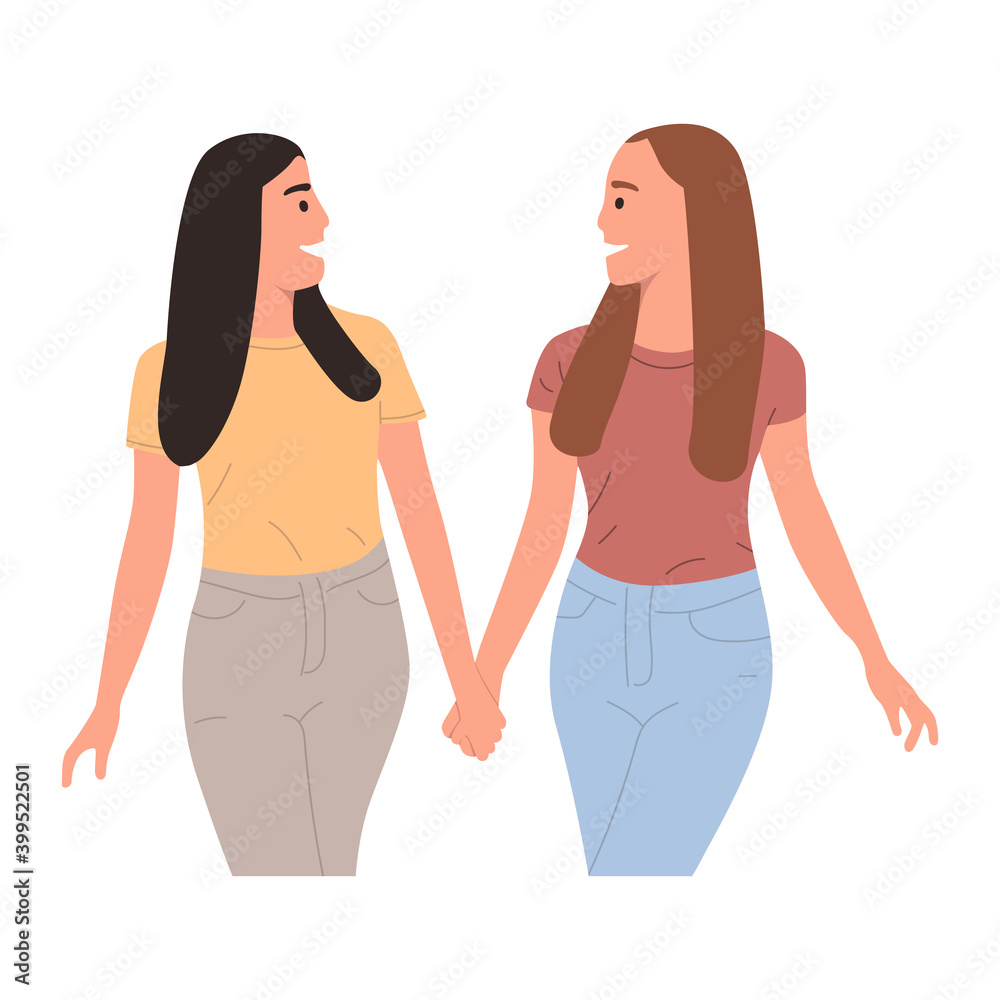 Lesbian couple. Two Osbian girls walk to hold the hand and look at each other. Lgbt representatives, gay couple, same sex love. Isolated on white, flat illustration