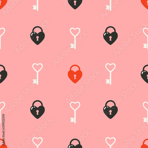 Lovelock and keys pink Valentine's day pattern. Trendy cute elements on a pink background. Love and Valentine's day concept. Hand-drawn designs for greeting cards, print.