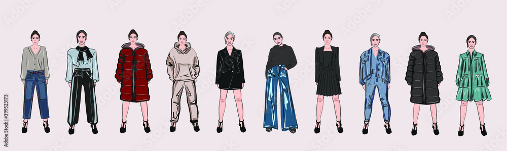 Pose, model. Clothing store. Girls blondes, brunettes, brown-haired women in fashionable clothes. A set of items from the basic wardrobe. Fashion collection advertising. Vector isolated images.