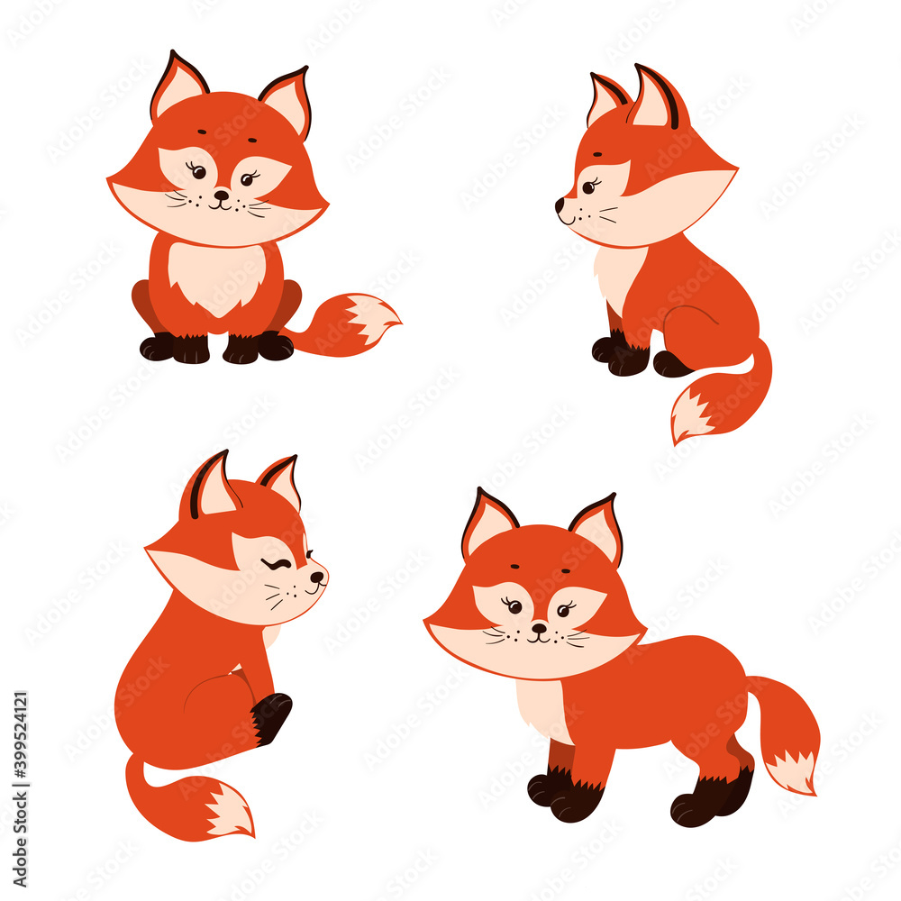 Set of cartoon foxes isolated on white background. Vector illustration. 
