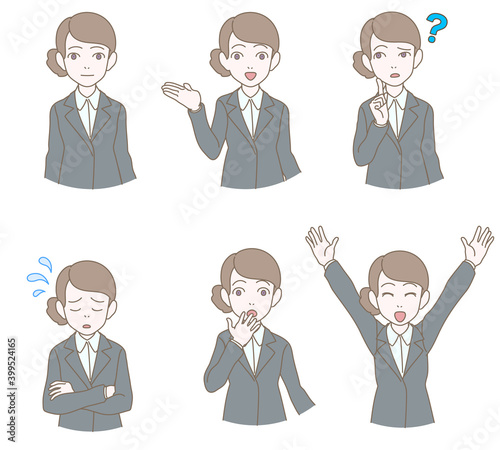 表情や仕草のセット、スーツの女性、A