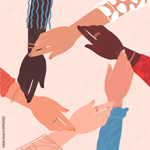 Multiracial human hands make circle with blank space in the middle. Cultural diversity togetherness concept. Round symbol of unity, team, group, partnership, leading, support, community. 