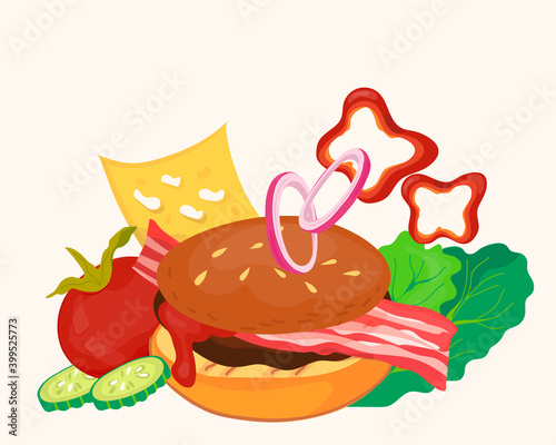 Tasty burger or hamburger with cheese and vegetables, flat vector illustration isolated on white background. Burger or cheeseburger with slice of bacon and lettuce leaves.
