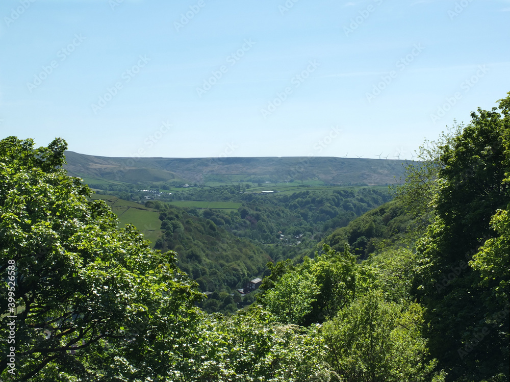 panoramic landscape view between spring trees in the colden valley above hardcastle crags in west yorkshire