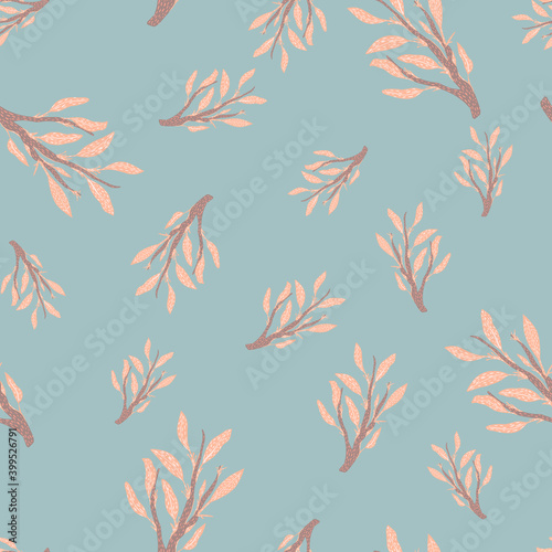 Botanic abstract seamless doodle pattern with pink branches on blue background.