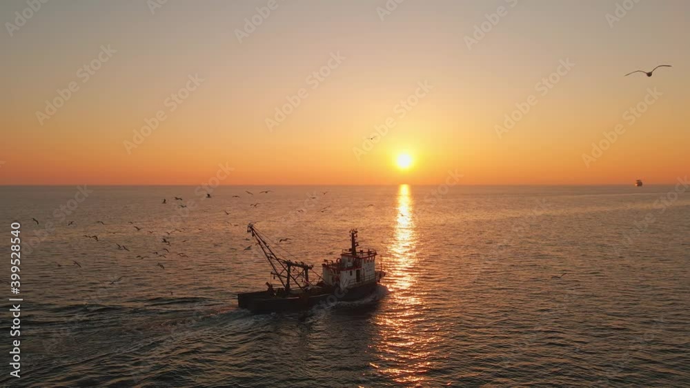 Fishing Boat with Large Catch Fish Swirling Flock Gulls Aerial View Drone Sunset Winter. Small Ship Floats on Sea Surface Golden Sky Leaving a Path of Sea Foam Water. Seagulls. Bright Disk of Sun Fishing Boat with Large Catch Fish Swirling Flock Gulls Aerial View Drone Sunset Winter. Small Ship Floats on Sea Surface Golden Sky Leaving a Path of Sea Foam Water. Seagulls. Bright Disk of Sun