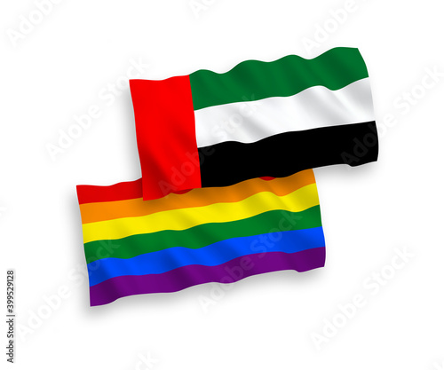 Flags of Rainbow gay pride and United Arab Emirates on a white background