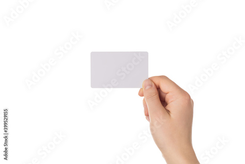 Cropped close up photo of human hand showing empty blank card with copy space isolated white background