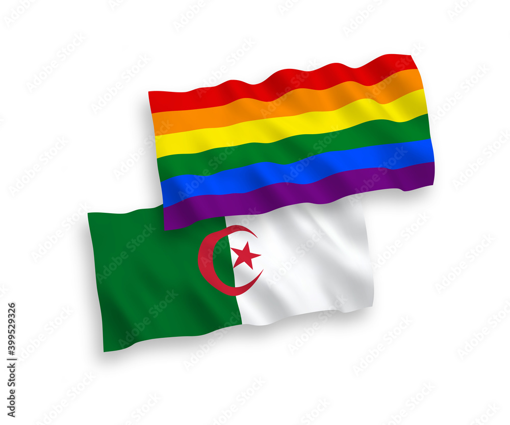 Obraz premium Flags of Rainbow gay pride and Algeria on a white background