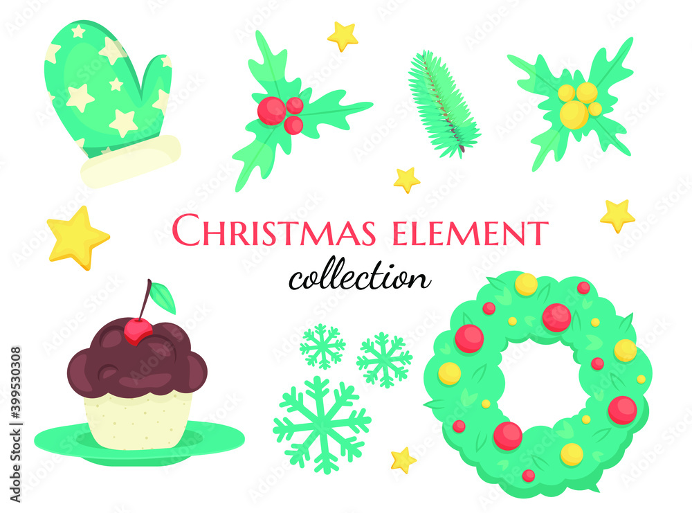 Set of cute Christmas decorations, Christmas 2021
Bright elements in green tones, a New Year's wreath, mittens, pine branches, siskin and stars are located around the inscription. Vector illustration