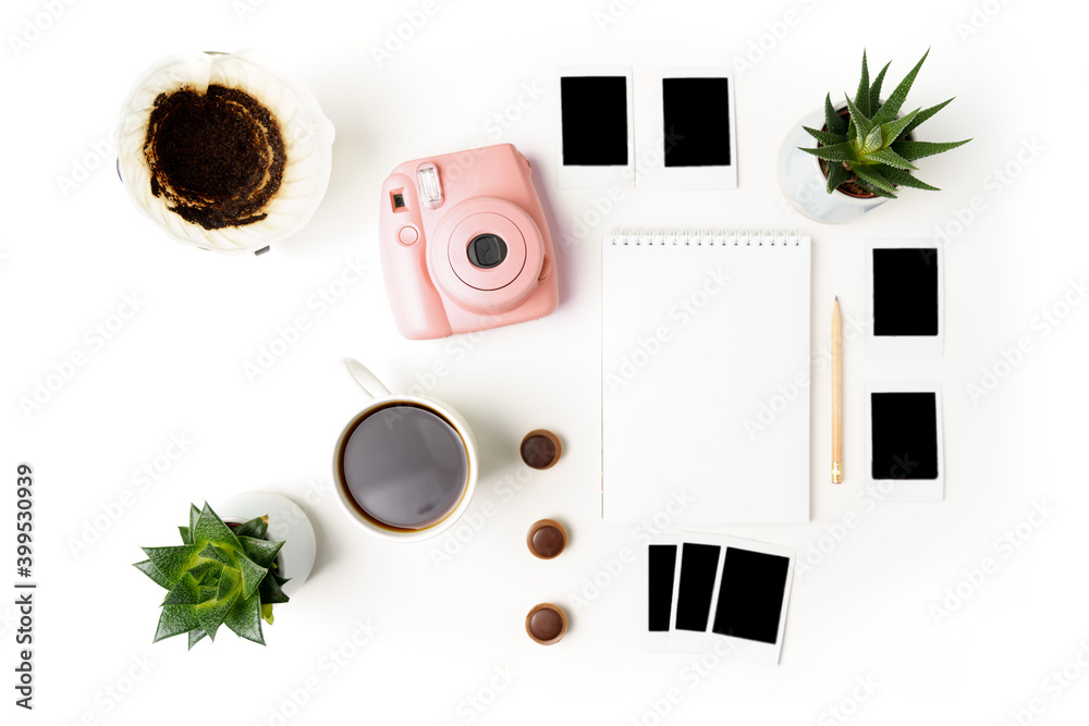 Flat lay analog pink camera, photos, paper notepad and pencil, cup of coffee, hario, succulents on white background. High quality photo Flat lay analog pink camera, photos, paper notepad and pencil, cup of coffee, hario, succulents on white background. High quality photo
