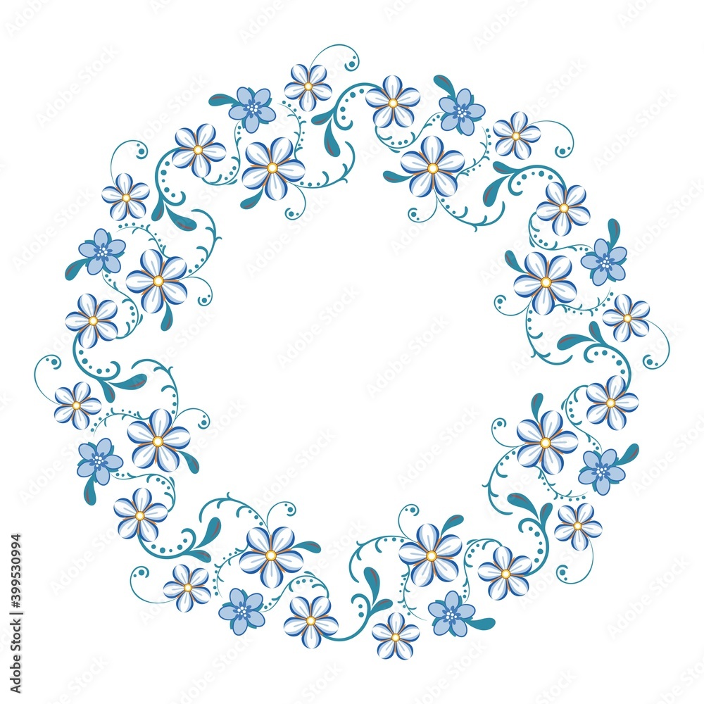 round frame of delicate flowers, blue wreath isolated on white