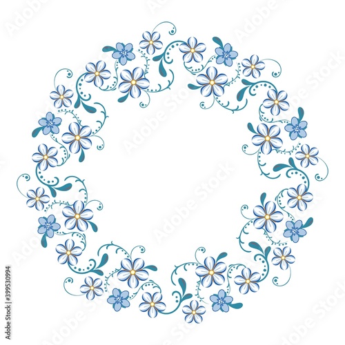 round frame of delicate flowers  blue wreath isolated on white