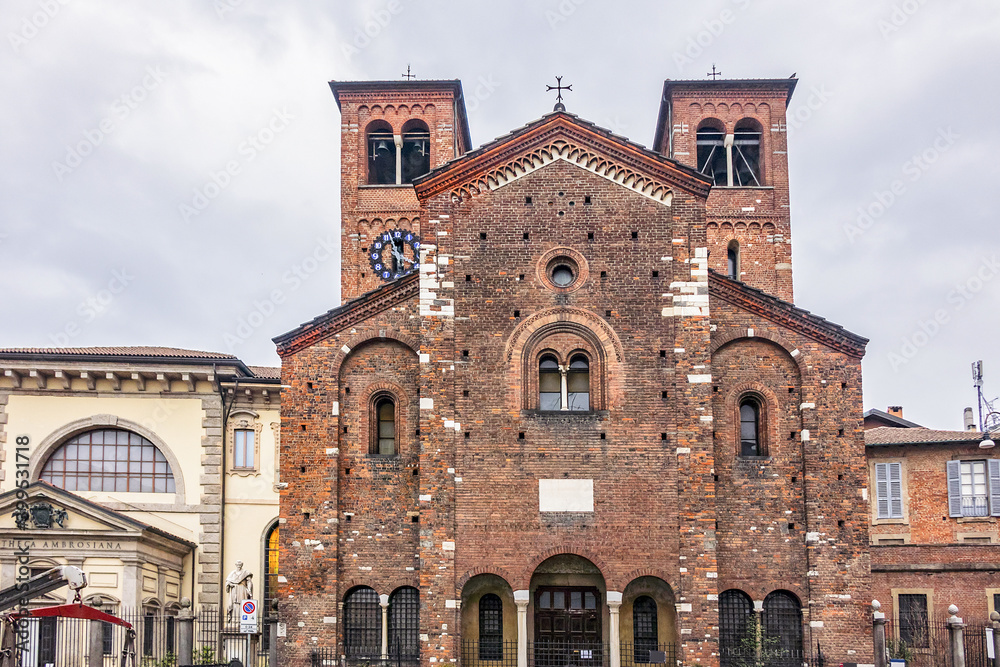 View of The Church of St. Sepulchre (Chiesa di San Sepolcro) - sacred building in Milan very rich in history. The first version of the church was built in 1030. Milan, Italy.