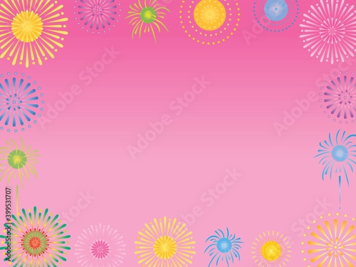 夏のピンクの打ち上げ花火のフレームイラスト © Third Stone