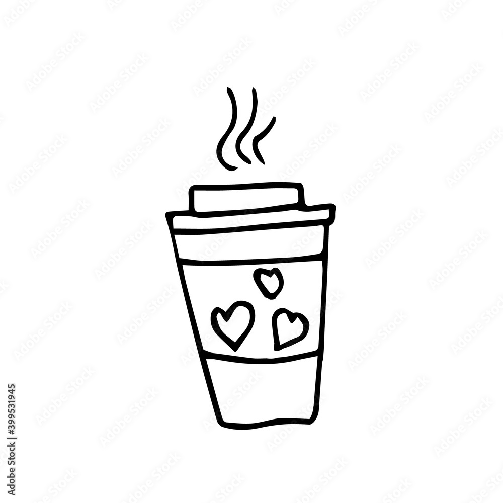 doodle illustration of a takeaway cup with a picture of a heart on a white background. doodle illustration of a takeaway cup with a picture of a heart on a white background.