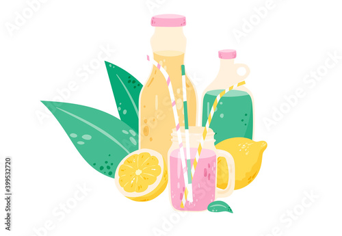 Summer lemonade cartoon illustration. Refreshing beverage hand drawn doodle banner design. Cocktail witch lemons, citruses, ice tea printing card