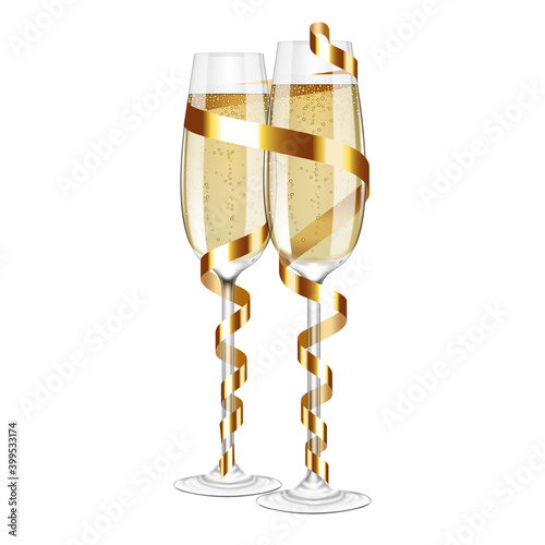 Glasses of champagne with gold ribbon, isolated.