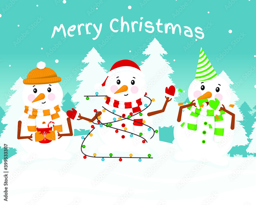 Three Christmas snowman. Snowman are depicted in knitted scarves and hats with gifts outdoors against a background of white Christmas trees. Vector illustration Three Christmas snowman. Snowman are depicted in knitted scarves and hats with gifts outdoors against a background of white Christmas trees. Vector illustration