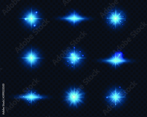 Blue light on a transparent background. A set of nine bright highlights. Bright blue flares and highlights. Bright rays of light. Christmas effects. Vector illustration