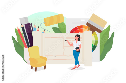 Interior designer flat concept vector illustration. Woman working on home renovation. House decorating professional. Professional architect 2D cartoon character for web design. Decorator creative idea
