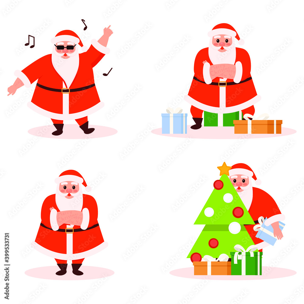 Santa collection for Christmas and New Year. Set of Santa Claus on a white background. Santa with gifts. Dancing Santa. Vector illustration

