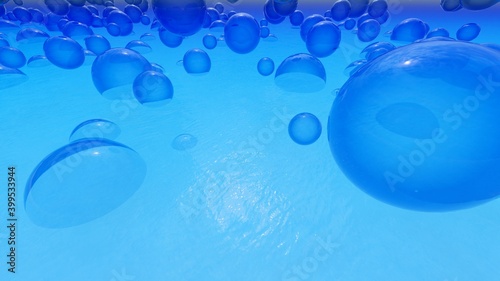 Abstract background of blue bubbles in water 3d render