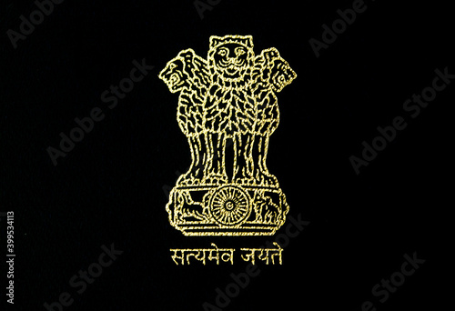 Indian National Emblem isolated on black background 
