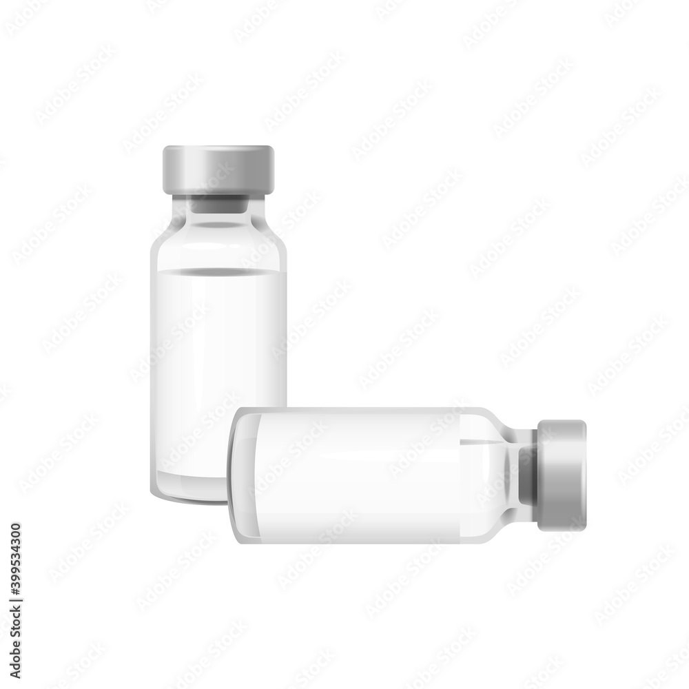COVID-19 vaccine mock-up. Set of medical vials for injection isolated on white background. Concept for medicine and healthcare, vaccination and fight against coronavirus. Vector Illustration.