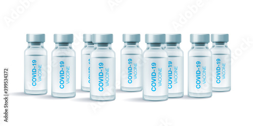 COVID-19 Vaccine. Medical vial for injection isolated on white background. Concept for medicine and healthcare, vaccination and fight against coronavirus. Vector Illustration.
