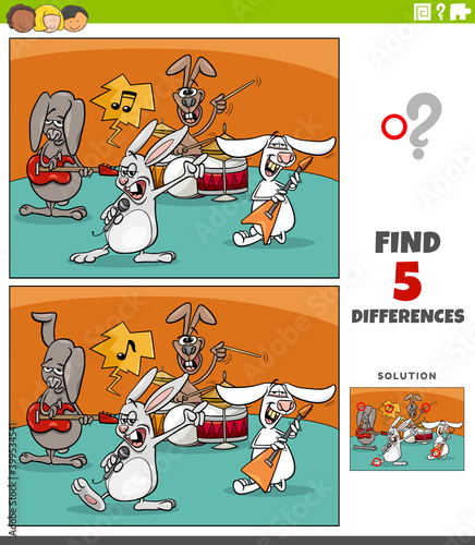 differences educational task for kids with cartoon rabbits rock music band