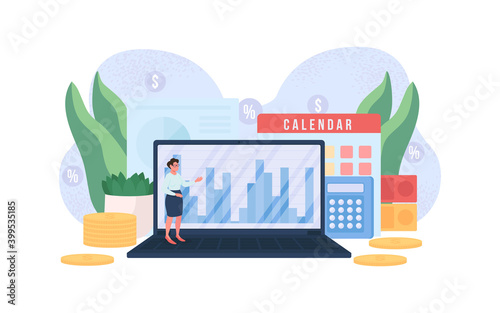 Accountant flat concept vector illustration. Woman with computer. Money report on laptop. Financial specialist 2D cartoon character for web design. Economy professional creative idea