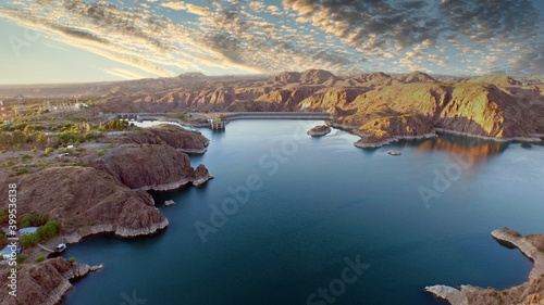 Beautiful landscape of lake between mountains. Take air.