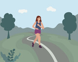 Woman running through the park. Sports training on the street. Runner in motion. Marathon and long runs in the street. Healthy lifestyle and fitness every day. comfortable athletic clothing for runnin