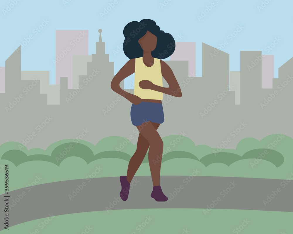 Black African woman running in the city. Sports training on the street. A runner on the move. Marathon and long runs in the street. running and fitness every day