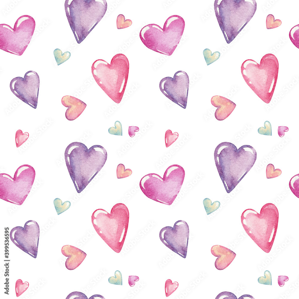 Hand drawn watercolor texture. Semless pattern with purple, pink, violet, blue hearts on white background isolated. Lovely wallpaper.