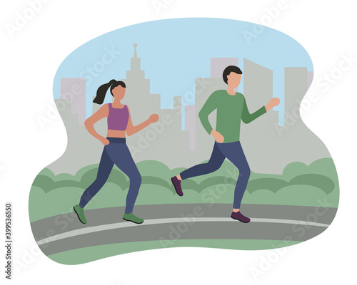 Man and woman running in the city. Sports training on the street. Runners on the move. Marathon and long runs in the street. running and fitness every day. comfortable athletic clothing for running.