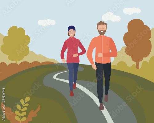 A man and a woman running through an autumn park. Sports training on the street. Runners on the move. Marathon and long runs outside. running and fitness every day in all weathers. vector flat