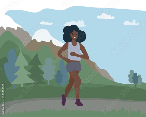 African black woman running outside in the mountains. Sports training in the street. A runner on the move. Marathon and long runs outside. running and fitness every day. comfortable sportswear