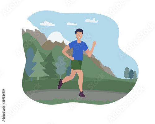 A man runs outside in the mountains. Sports training in the street. A runner on the move. Marathon and long runs outside. running and fitness every day. comfortable sportswear.