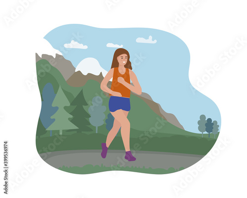 A woman running outside in the mountains. Sports training in the street. A runner on the move. Marathon and long runs outside. running and fitness every day. comfortable sportswear.