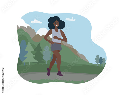 African black woman running outside in the mountains. Sports training in the street. A runner on the move. Marathon and long runs outside. running and fitness every day. comfortable sportswear