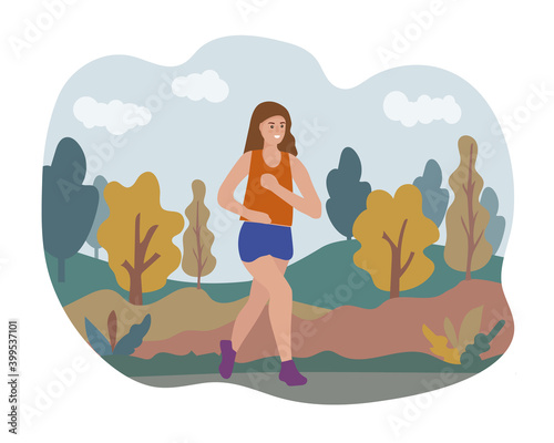 Woman running through the park. Sports training on the street. Runner in motion. Marathon and long runs in the street. Healthy lifestyle and fitness every day. comfortable athletic clothing for runnin