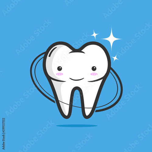 a happy healthy tooth. white sparkling and shiny smile teeth. dental care clinic logo. hygiene and protection dental vector.