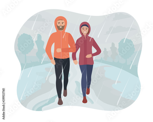 Man and woman running in the park in the rain and snow. Sports training on the street. Runners in motion. Marathon and long runs outside. running and fitness every day in all weathers. vector flat