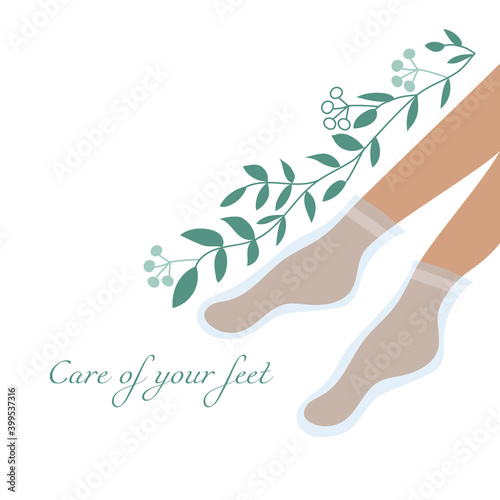 Taking care of your feet. Sock mask for foot care. Vector illustration of slender female legs and a graceful tree branch with leaves. Cosmetic spa care at home
