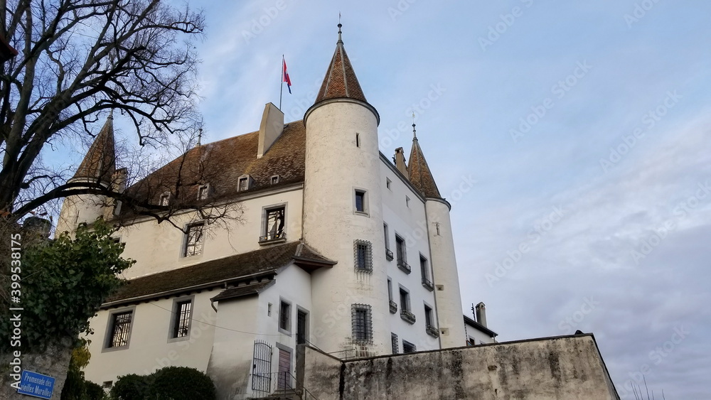 Famous medieval castle in Nyon by day, Switzerland