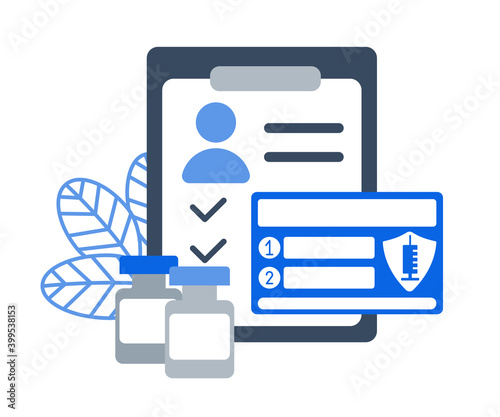 Passport card of recipient of coronavirus vaccine. Two-Dose Vaccination Covid-19. List of reminders for second injection. Repeated immunization. Bottles antivirus on schedule. Vector flat illustration