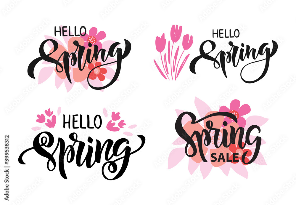 Hand drawn brush lettering set Hello spring. Spring season advertising. Template for card, gift, banner, web, poster. Vector illustration isolated on white background